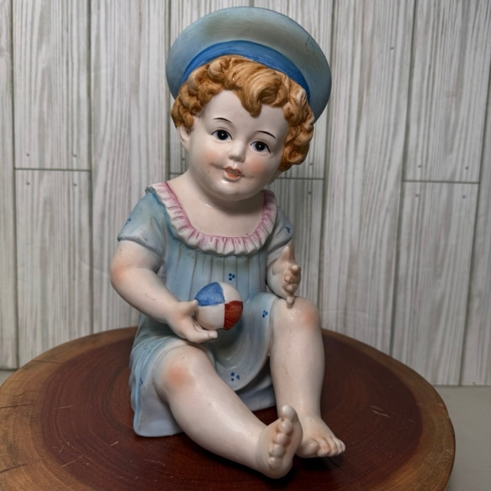 Vintage Bisque Porcelain Child Figurine Blue Sailor Outfit Beach Ball Statue